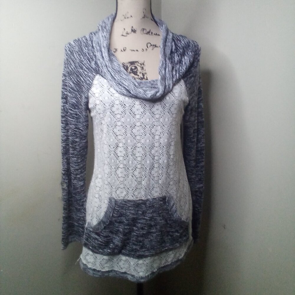 Miss Chievous Shirt Women S Long Sleeve Cowl Neck Lace Pocket Gray White
